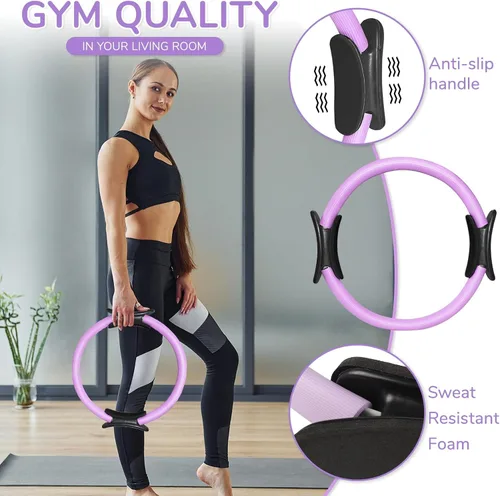 Miniatura 3 de TOPZGLEEY Juego de Anillo de Pilates – Círculo Mágico Antideformación de 14" con Asas Acolchadas, Mini Pelota, 5 Bandas de Resistencia, Guía, Equipo