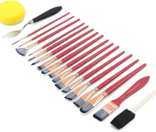 Miniatura 7 de Transon Kit de 20 pinceles de pintura artística con estuche de almacenamiento, 16 pinceles + espátula de esponja para aceite acrílico, acuarela, Rosa