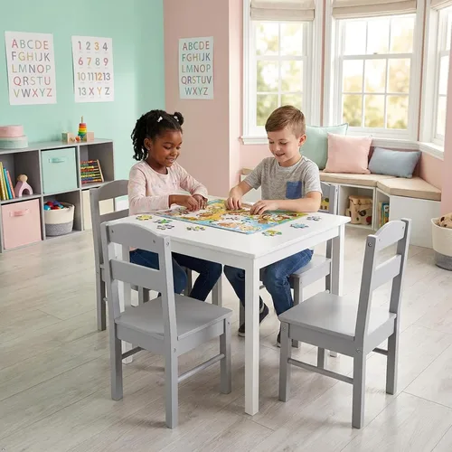 Miniatura 9 de Costzon Juego de Mesa y Sillas para Niños, Mesa de Actividades de Madera de 5 Piezas y Sillas para Artes, Manualidades, Tareas, Hora de Merienda