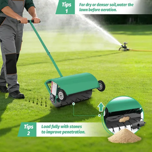 Miniatura 7 de Aireador de césped rodante de 24 pulgadas, herramienta de aireación manual resistente, hasta 70 libras, herramienta de aireación de picos de empuje