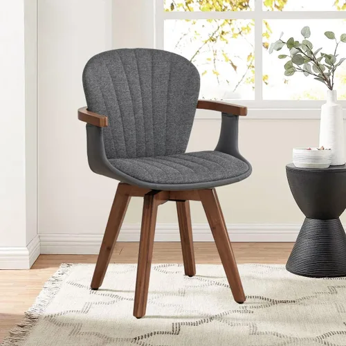 Miniatura 11 de LUNLING Sillas de comedor giratorias, sillas de cocina modernas de cuero sintético negro de mediados de siglo con brazos, patas de bambú, sillas