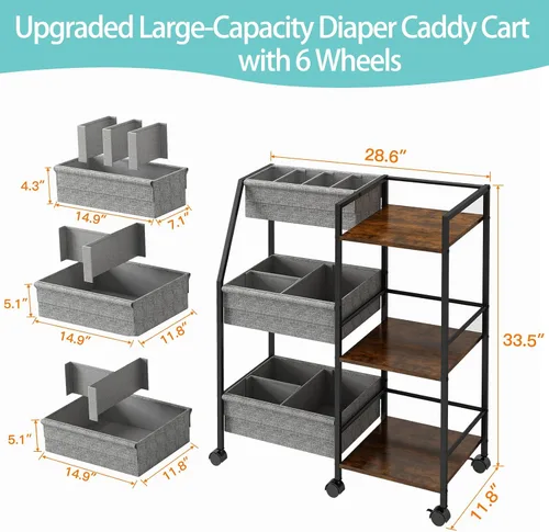 Miniatura 3 de Carrito organizador de pañales para bebé, carrito de ruedas rodantes de 3 niveles con separadores y estantes, carrito de utilidad de cabecera