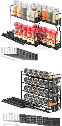 SpaceAid Organizador de especias extraíble para gabinete, 2 cajones de 2 niveles, organizador de especias extraíble con 20 frascos