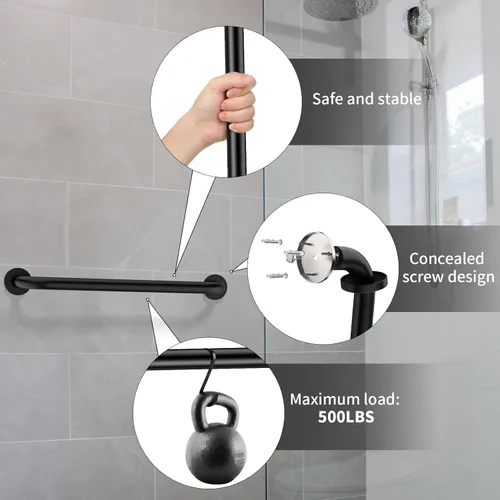 Miniatura 3 de Paquete de 2 barras de regadera de 24 pulgadas negras, mango de barra de agarre de pared de baño de acero inoxidable ZUEXT, barra de equilibrio