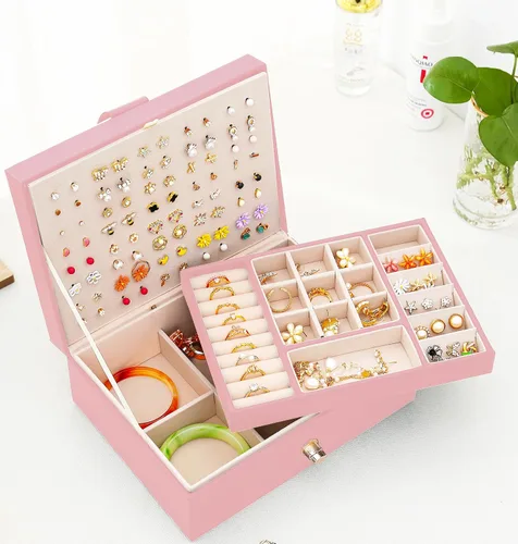 Miniatura 144 de Joyero de pendientes para mujeres y niñas, organizador de aretes de 5 capas, caja organizadora de joyas blanca con candado, collares y aretes