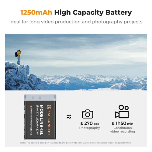 Miniatura 2 de K&F Concept Juego de 2 baterías NB-13L y cargador de doble ranura para Canon EOS G7 X Mark II, G7 X, G1 X Mark III, G5 X, G5X Mark II, G9 X, G9 X