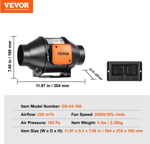 Miniatura 7 de VEVOR Ventilador de conducto en línea, 4 pulgadas 205 CFM con controlador de humedad y temperatura, ventilador silencioso de ventilación con motor