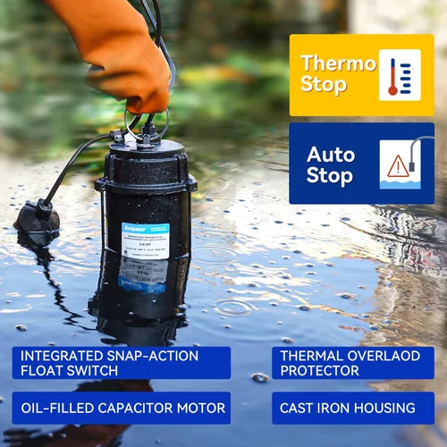 Miniatura 3 de Acquaer 3/4HP Bomba sumergible de efluentes de aguas residuales, hierro fundido, interruptor de flotador automático amarrado de 115V 6400 GPH, bomba