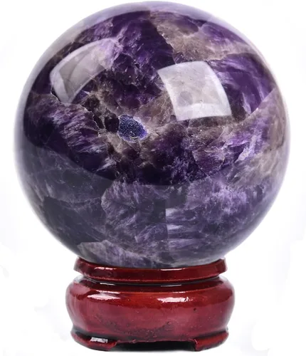 Miniatura 18 de JIC Gem Esfera grande de cristal Chevron de amatista con cristales curativos de curación con soporte de madera para meditación y decoración