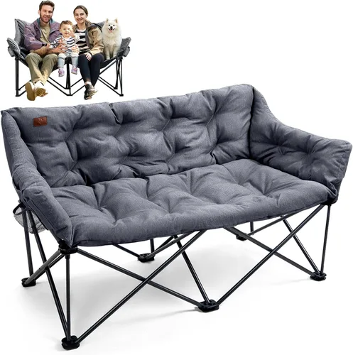 Miniatura 10 de EVER ADVANCED Silla de campamento doble para adultos, asiento de amor plegable acolchado para campamento con bolsillo lateral, sofá de campamento