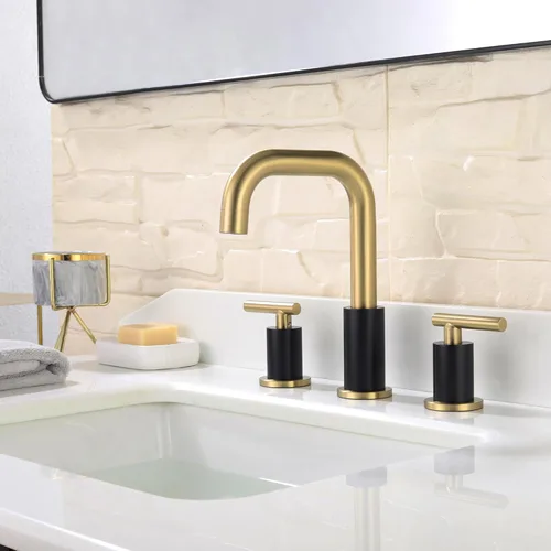 Miniatura 6 de ChiLDano Grifo de baño extendido de 8 pulgadas con desagüe y manguera de suministro, grifo de baño negro y dorado para lavabo de 3 orificios, grifo