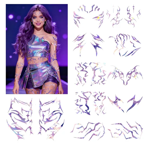 Miniatura 9 de 12 tatuajes temporales morados que brillan en la oscuridad, tatuajes falsos de baile para cosplay, Halloween, festival de música, maquillaje