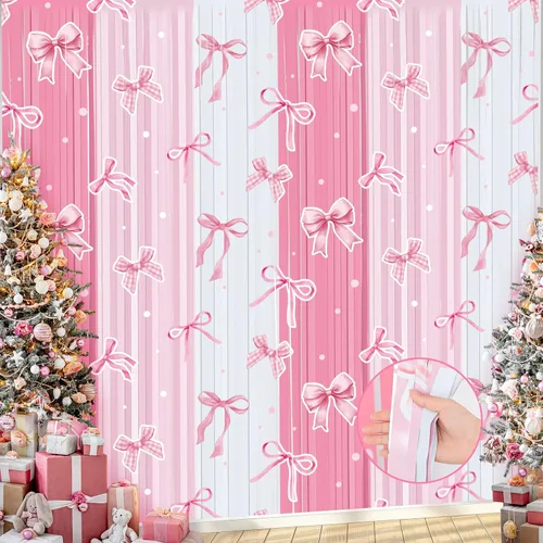 Panelee Telón de fondo de lazo rosa de 3.3 x 6.6 pies, cortina de flecos de papel de oropel con flecos, lazos rosados, decoración de fiesta de