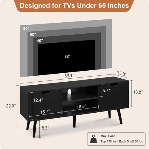 Miniatura 2 de ALINE FURNITURE - Soporte de TV negro para televisores de 50, 55, 60+ pulgadas - Consola multimedia con 2 gabinetes y estantes abiertos, patas