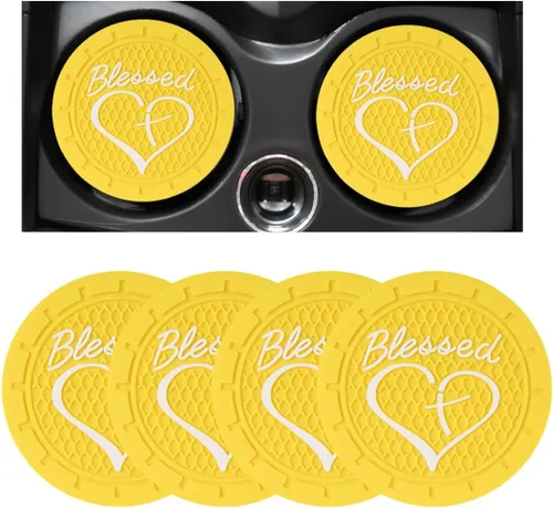 Miniatura 18 de Dickno 2 piezas posavasos para portavasos de automóvil, 2.76 pulgadas cruz bendita y corazón tapete de bebida cristiano, PVC suave antideslizante a
