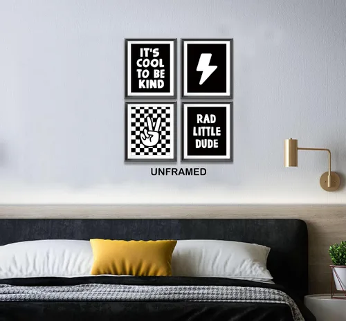 Miniatura 4 de Cartel de mano retro a cuadros negros y blancos preppy relámpago de la paz para decoración de habitación de niños, decoración divertida de Rad
