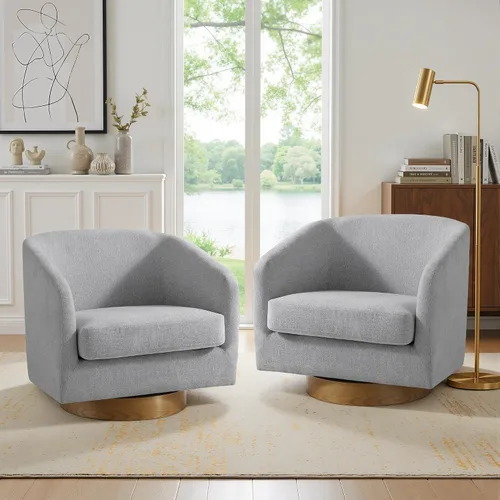 Miniatura 35 de Juego de 2 Sillas Giratorias de Acento, Silla Barril Tapizada en Tela para Sala de Estar, Cómodo Sillón Redondo Sofá Individual Asiento de Lino Beige