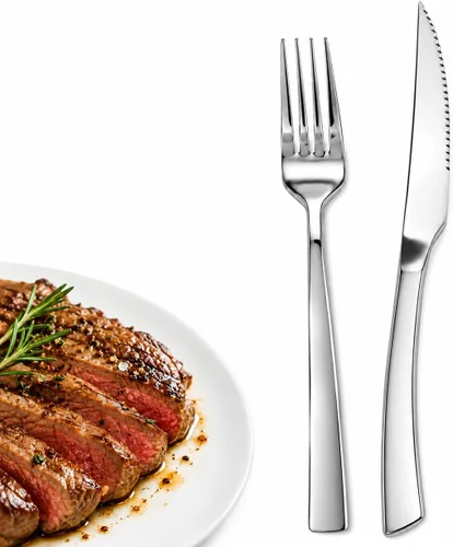 SANTUO 12-Piece Steak Knife and Fork Set for 6, Stainless Steel Steak Knives with Dinner Forks, Serrated Steak Knife Set, Mirror Polished,