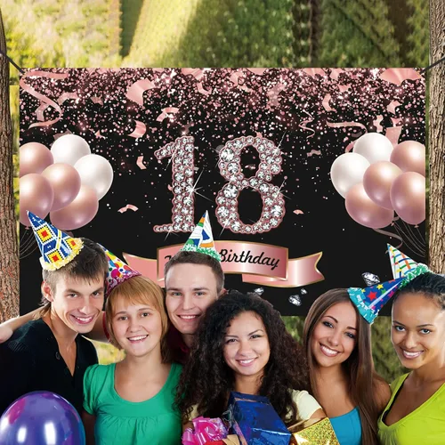 Miniatura 7 de Trgowaul Decoraciones de cumpleaños de oro rosa - Cartel de cumpleaños número 18, telón de fondo para fiestas y fotos
