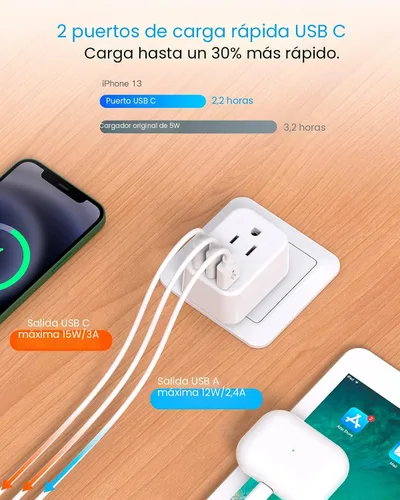 Miniatura 3 de Adaptador de enchufe de viaje europeo USB C, adaptador de enchufe internacional HANYCONY de EE. UU. a Europa, enchufe de 2 tomas, 3 puertos USB