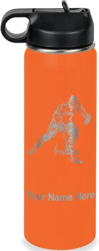 Miniatura 32 de LaserGram Botella de agua personalizada, jugador de hockey, acero inoxidable de doble pared aislada al vacío con popote superior, regalo grabado