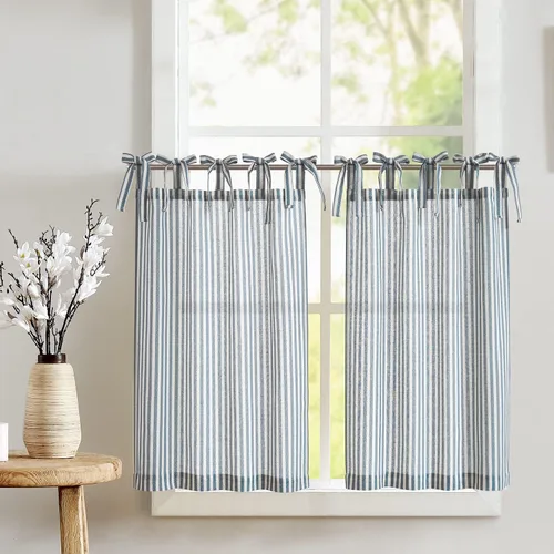 Miniatura 40 de jinchan - Cortinas de lino a rayas para cocina de 20 pulgadas de largo, cortinas de varios niveles, estilo granja moderna de café, tratamientos