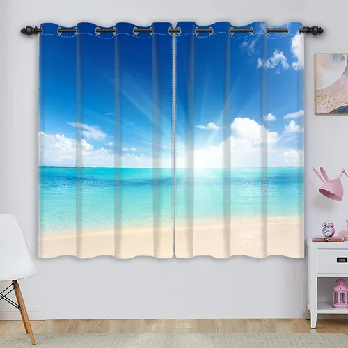 Miniatura 26 de Renaiss Cortinas opacas con diseño de mar tropical, nublado, cielo azul y verde azulado, estrella de mar transparente en playa arenosa, sala