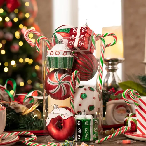 Miniatura 4 de Valery Madelyn Juego de adornos para árbol de Navidad, 16 unidades de bastón de caramelo rojo, verde y blanco, inastillables, decoración de árbol