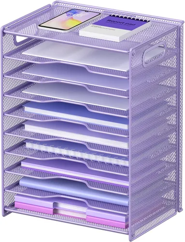 Miniatura 7 de OUTWOLF Organizador de papel de 10 niveles, bandeja de cartas, organizador de archivos de escritorio de malla con asas para escritorio de oficina