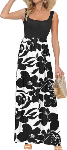 Miniatura 14 de AUSELILY Vestido largo con cuello cuadrado para mujer, sin mangas, floral, holgado, con bolsillos