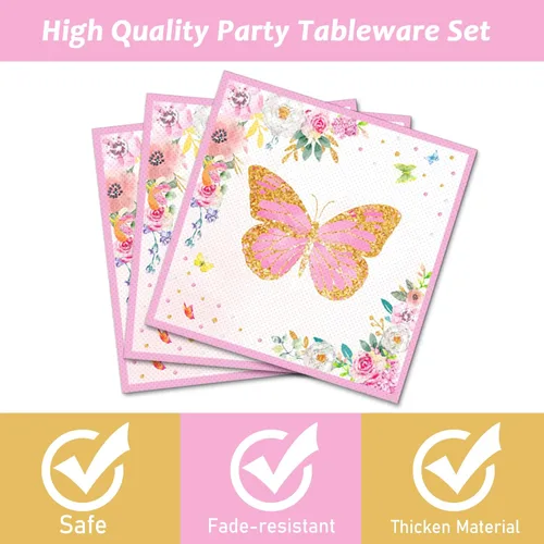 Miniatura 3 de Juego de vajilla de fiesta de mariposa para 24 invitados, diseño floral de mariposa, primavera, fiesta de cumpleaños, platos de papel, servilletas