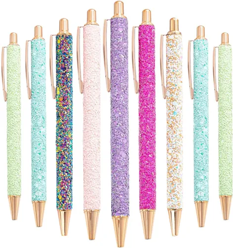 Miniatura 8 de 9 piezas de bolígrafos elegantes para mujer, bolígrafos de purpurina de colores, bolígrafos retráctiles de metal, tinta negra, punta media, 3/64