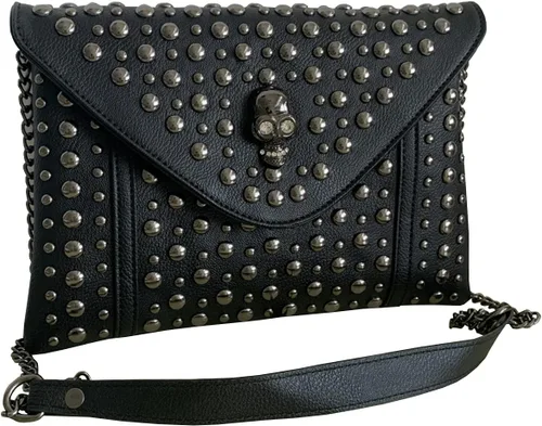 Miniatura 6 de Bolso de mano con cadena de remache para mujer, bolso de mano pequeño de piel sintética, bolso de hombro con asa superior, color negro