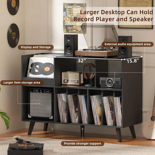 Miniatura 3 de LELELINKY Soporte grande para tocadiscos, soporte para tocadiscos de 48 pulgadas con almacenamiento, soporte para discos de vinilo con área