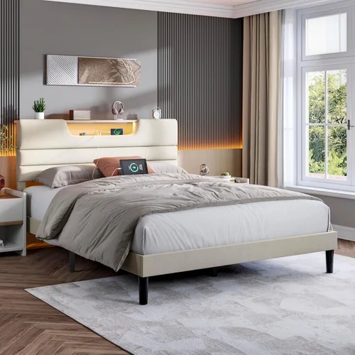 Miniatura 5 de OURPIC - Marcos de cama tamaño Queen con cabecero tapizado, cama moderna con plataforma y estación de carga y luces LED, marco de cama con listones