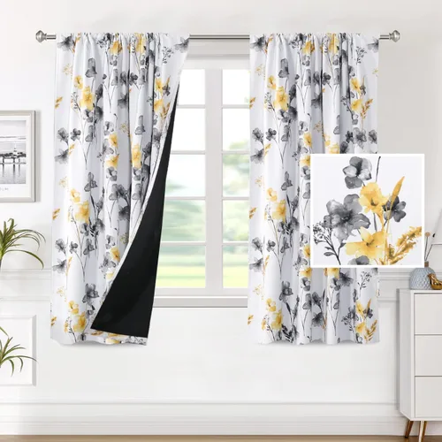 Miniatura 36 de H.VERSAILTEX Cenefas de cortina 100% opacas para ventanas de cocina, juego de 2 paneles de Cattleya con estampado floral Leah con aislamiento