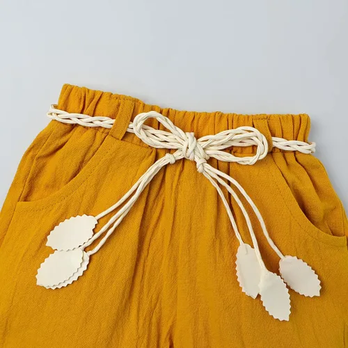 Miniatura 7 de FOCUTEBB Conjunto de ropa corta de verano para niñas pequeñas, camiseta de lino con cinturón