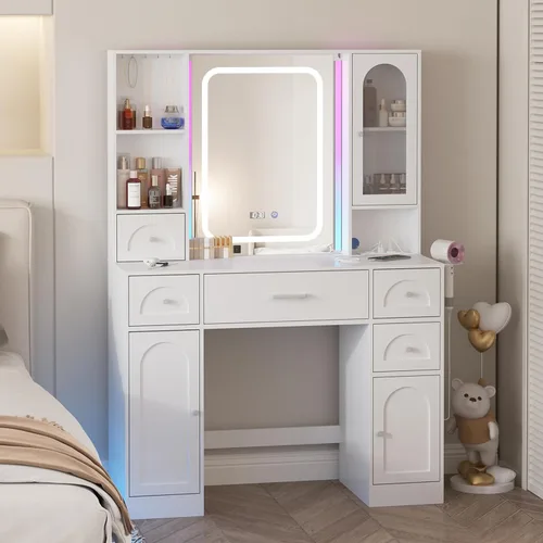 Miniatura 9 de Fameill Tocador Blanco con Espejo, Tocador de Maquillaje con Luces RGB y Regleta de Enchufes, Mesa Tocador de Maquillaje con 5 Cajones Mucho