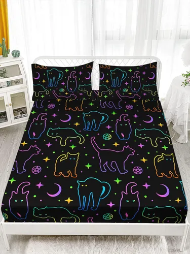 Miniatura 2 de Axolotl Juego de sábanas de gato negro de dibujos animados tamaño full, diseño de estrellas y luna impreso, ropa de cama para niños para decoración