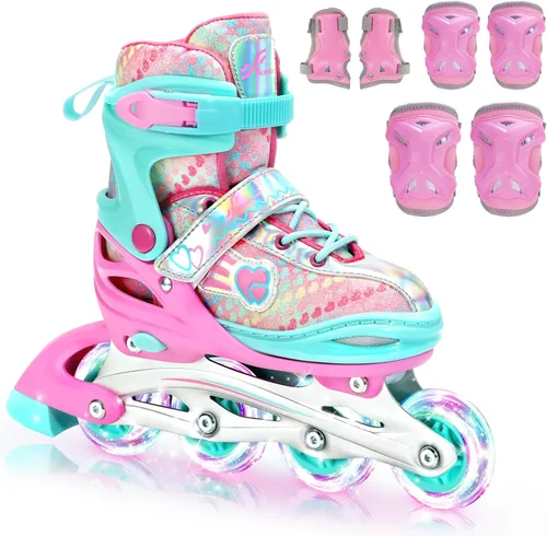 Sportneer Patines en línea ajustables de 4 tamaños para niñas, patines en línea para niños, talla 12C-9 con ruedas iluminadas, patín con equipo de