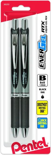 Pentel Energel RTX - Bolígrafo retráctil de gel líquido, línea gruesa, punta de metal, tinta negra, paquete de 2 unidades (BL80BP2A)