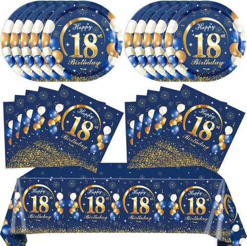 Juego de 41 piezas de decoraciones de cumpleaños número 18 para él, temática azul y dorada, regalos de cumpleaños de 18 años, platos, servilletas y