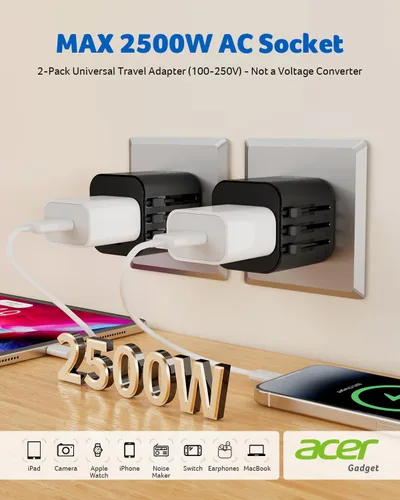 Miniatura 2 de Acer Adaptador de Enchufe de EE. UU. a Europa, Adaptador de Viaje Universal, Adaptador de Energía Internacional para EE. UU. a Europa, Reino Unido
