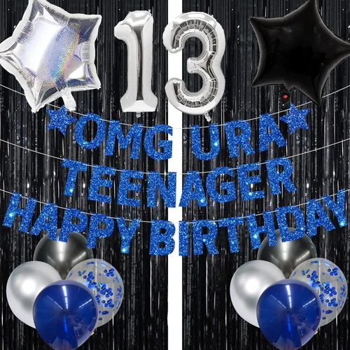Blue Omg Ur A Teenager - Cartel de feliz cumpleaños con flecos de papel de aluminio negro, telón de fondo plateado 13 para niños, decoración oficial