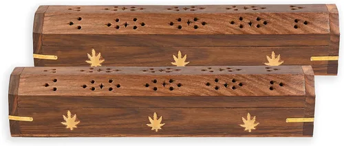 Miniatura 10 de Paquete de 2 soportes para varillas de incienso, estilo ataúd, quemador de incienso de madera con incrustaciones de BUDDHA (NATURAL) hecho a mano