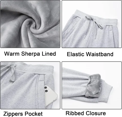 Miniatura 37 de MOUEEY Pantalones deportivos súper cálidos con forro de sherpa para mujer, pantalones deportivos de forro polar con bolsillos con cremallera