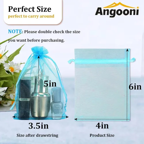 Miniatura 3 de Angooni 100 bolsas de organza azul transparente con cordón para regalo, para joyas, fiestas, bodas, fiestas, festivales, bolsas de dulces (4 x 6)