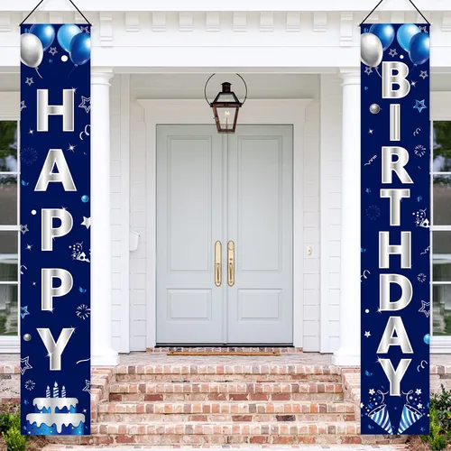 Miniatura 5 de Turypaty Cartel de feliz cumpleaños azul plateado para hombres y niños, cartel de feliz cumpleaños, porche, suministros de fiesta, decoración