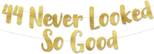 Cartel dorado con purpurina preencordada del número 44 «Never Looked So Good» – Decoraciones de cumpleaños 44 y aniversario para hombres y mujeres –