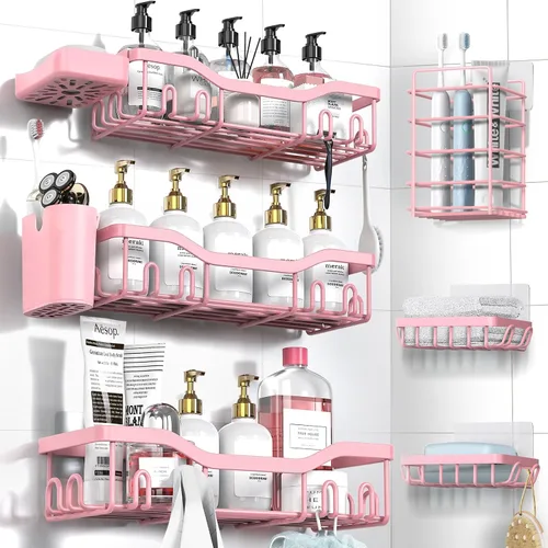 Miniatura 18 de NESOMI Organizador de Ducha Adhesivo Juego de 7 Piezas, Estantes de Baño de Acero Inoxidable a Prueba de Óxido, Accesorios de Almacenamiento sin